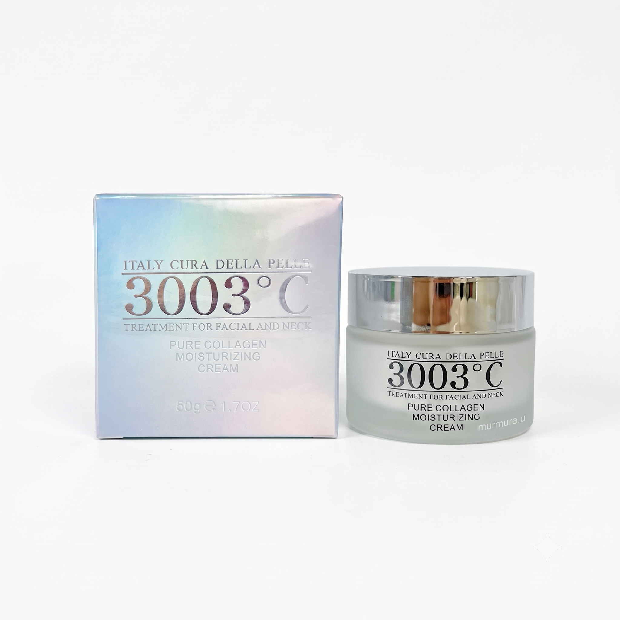 3003°C 水晶純膠原蛋全效水凝霜 50mlItaly Cura Della Piele 3003°C Pure Collagen Moisturizing Cream shown with its iridescent blue and pink packaging box and a frosted glass jar with a silver lid on a white background.