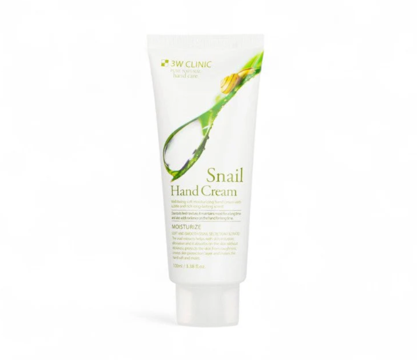 Snail hand cream tube with green leaf design on a white background