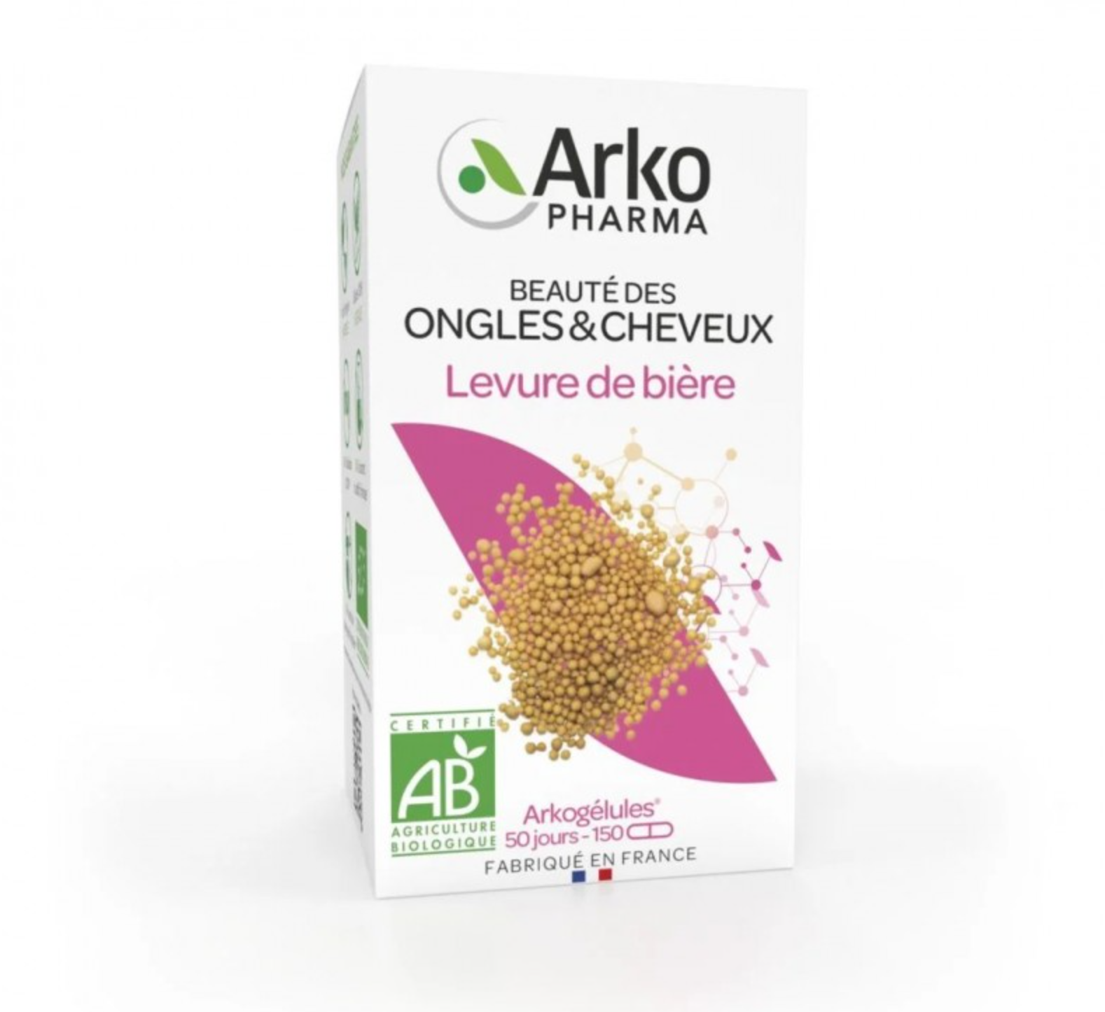 Arkopharma Arkogélules 啤酒酵母膠囊Arko Pharma nail and hair care product packaging with beer yeast on a white background