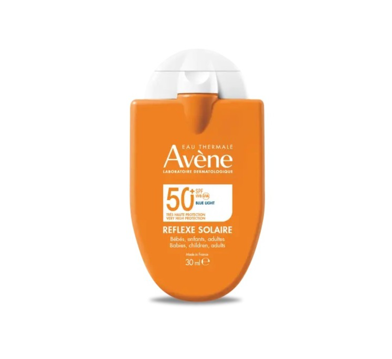 Avene Reflex 防曬乳 SPF50+ 30mlA 30 ml bottle of A÷vène Reflexe Solaire SPF 50+ sunscreen in its signature orange color with a white flip-top cap, shown on a plain white background.