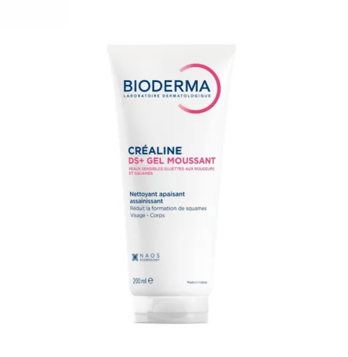 BIODERMA Sensibio DS+ Gel 潔膚凝膠 200mlA 200ml white squeeze tube of Bioderma Créaline DS+ Gel Moussant, a soothing foaming cream, shown on a plain white background.