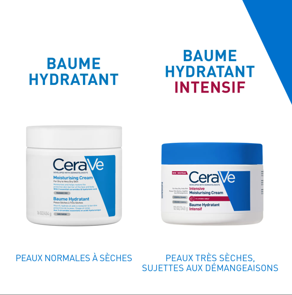 CeraVe Baume Hydratant 長效滋潤修復霜 加強版 340g Two jars of CeraVe moisturizing cream with labels for different skin types on a white background.