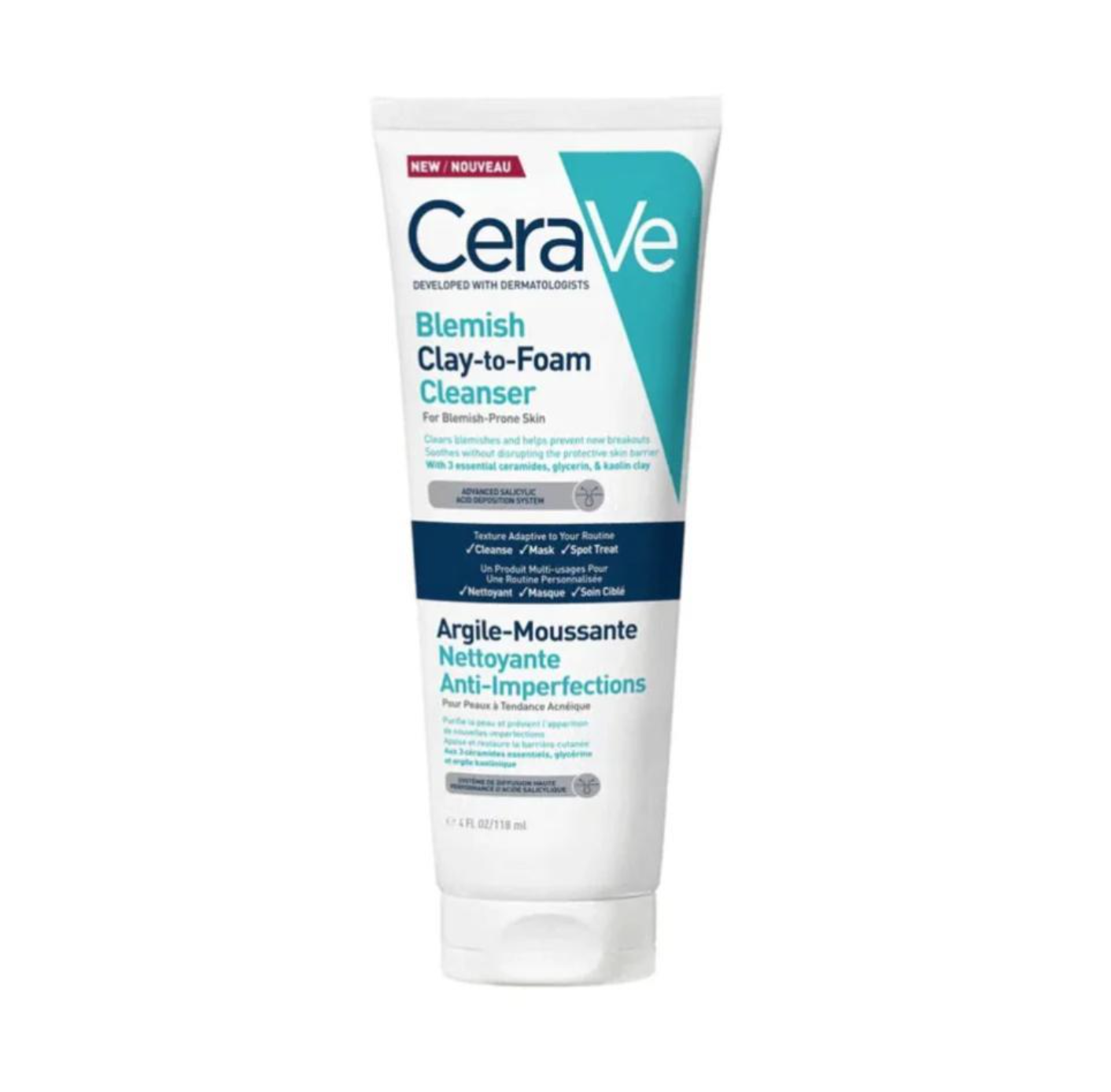 CeraVe Blemish Clay-to-Foam Cleanser tube on a white background