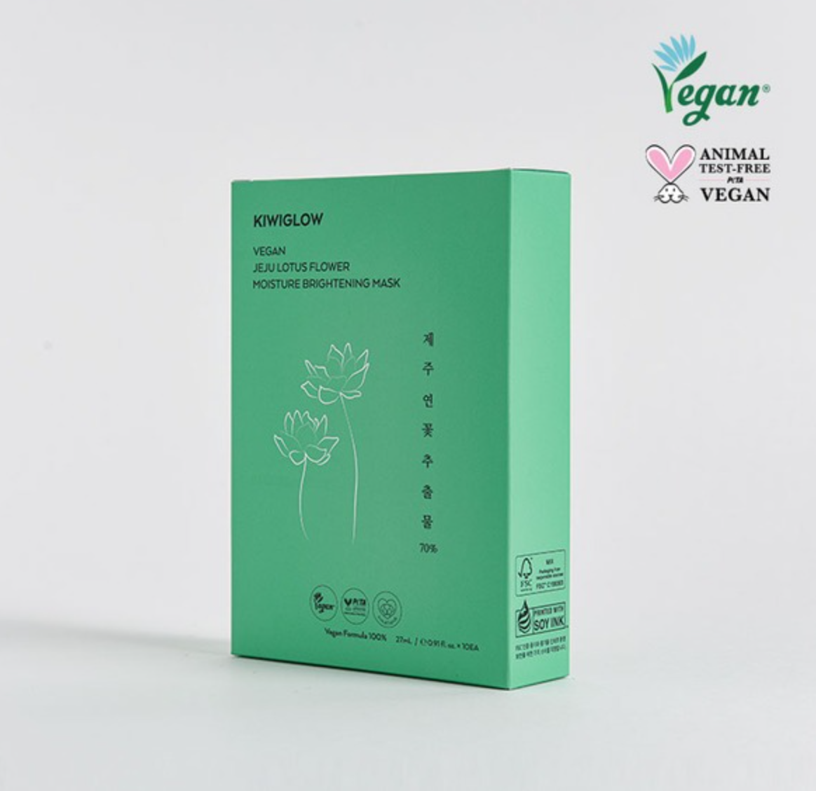KIWIGLOW 濟州蓮花水潤提亮面膜 10 片A green rectangular box of KIWIGLOW Vegan Juicy Lotus Flower Moisture Brightening Mask, shown standing upright on a light gray background with a Vegan certification logo in the top right corner.