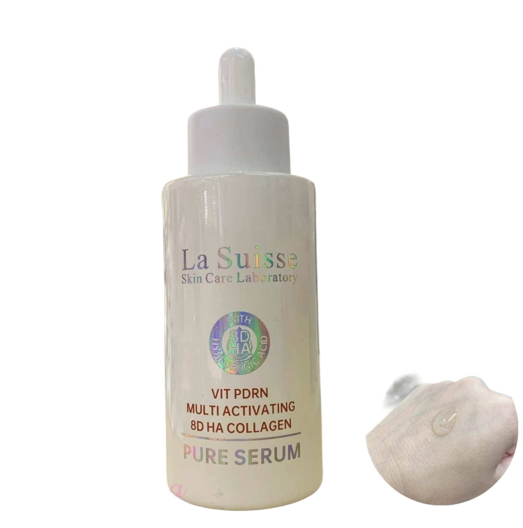 La Suisse skincare serum bottle with dropper on a gradient background