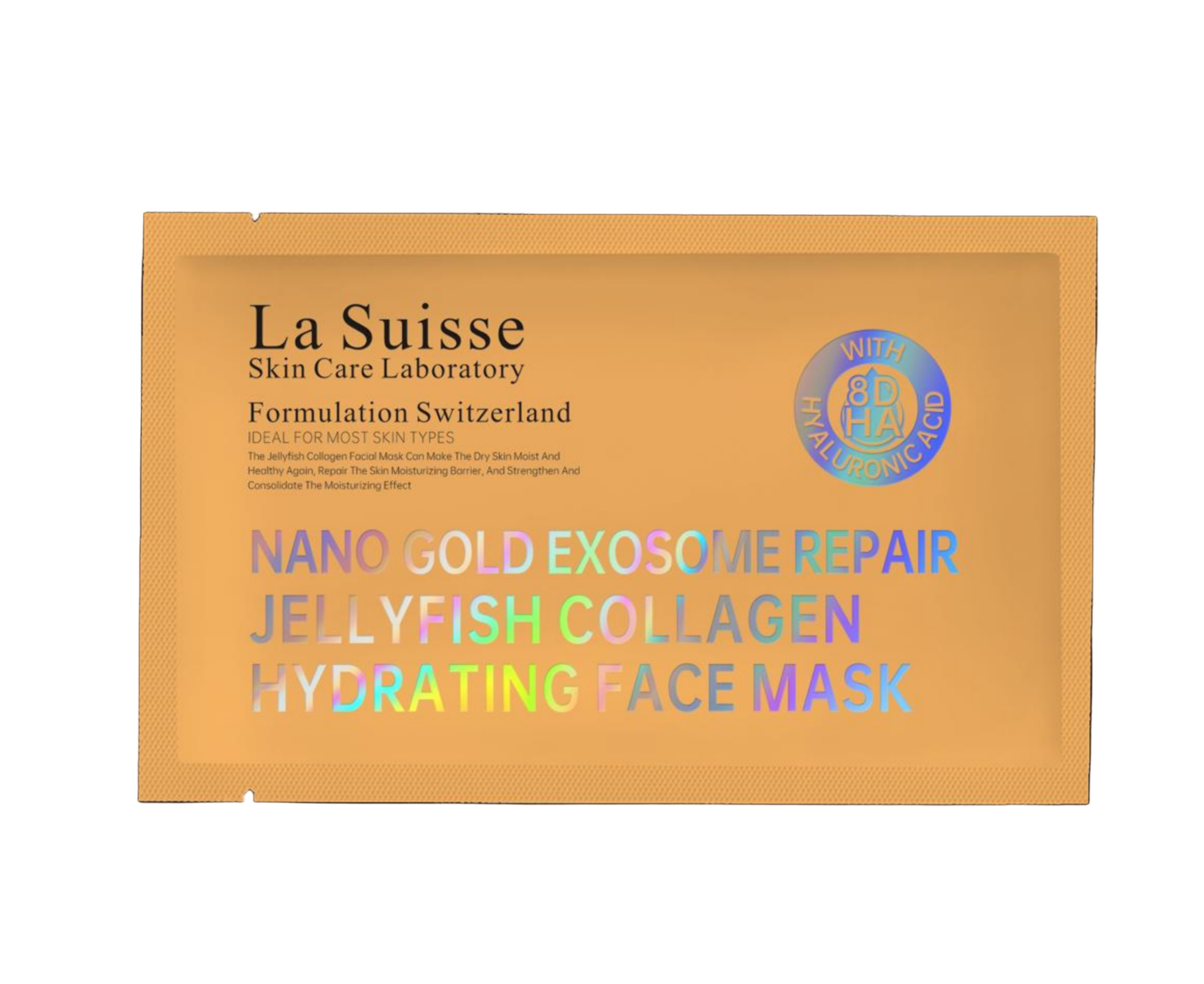 La Suisse skin care mask packaging with text on a black backgroundLa Suisse - 8D納米黃金修護奢華面膜