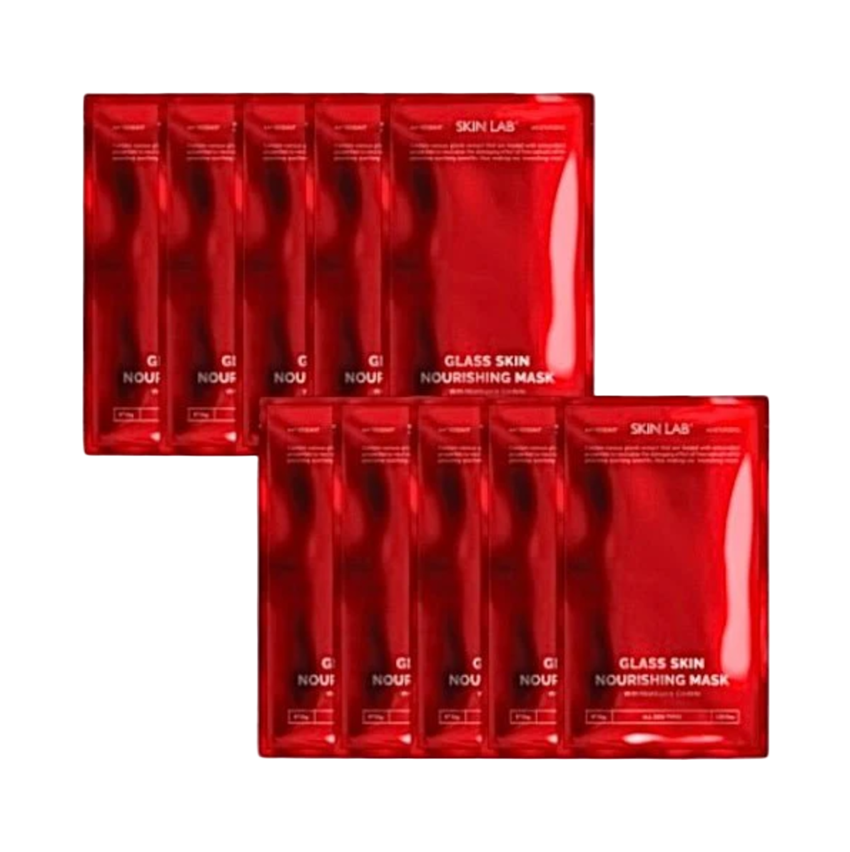 Skin Lab Glass Skin 紅玻璃水滋養面膜 Red facial mask packages labeled 'Glass Skin Nourishing Mask' from 'Skin Lab' on a white background.