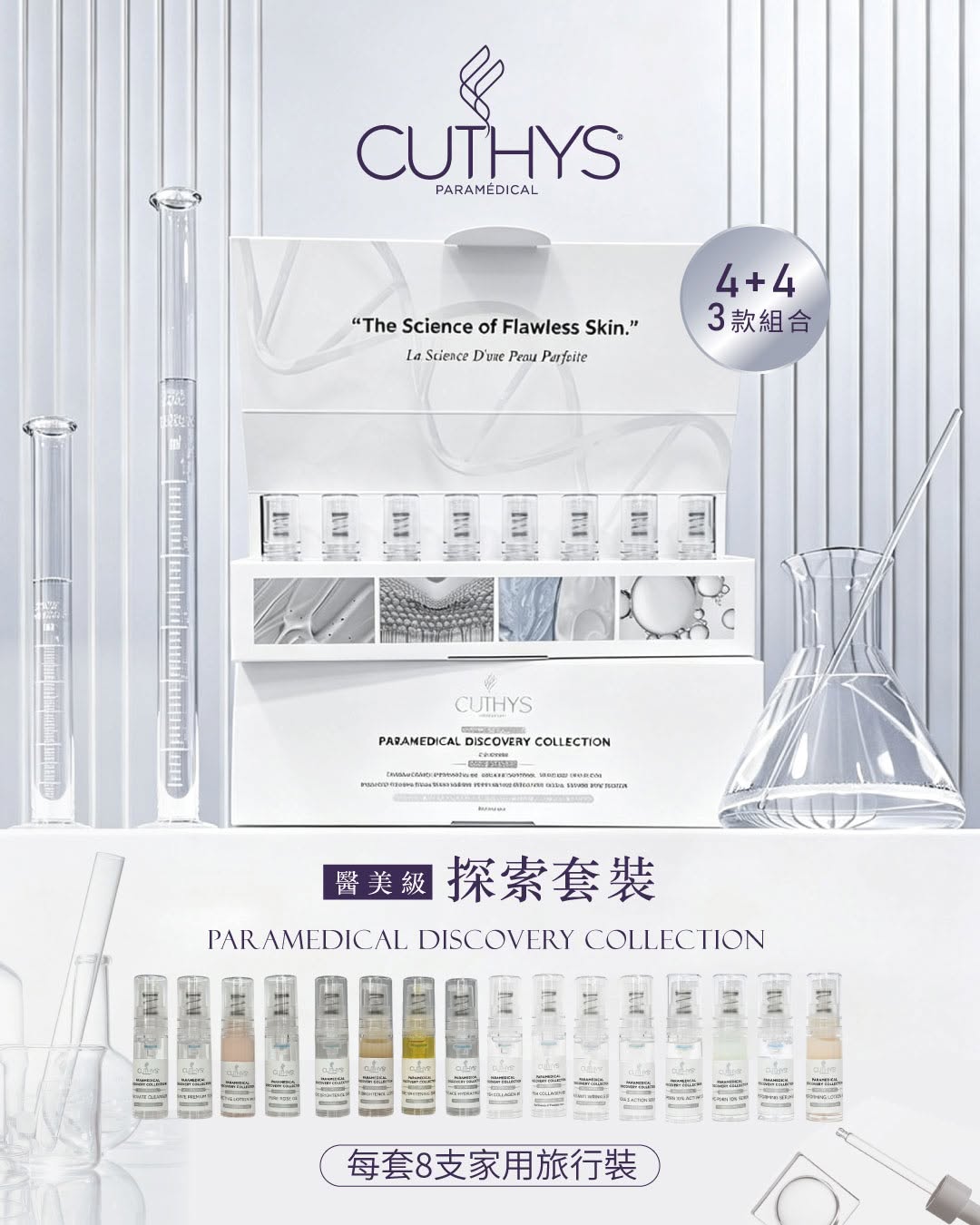 Cuthys Collection Set 光感系列Cuthys Paramedical Discovery Collection skincare travel set featuring multiple small glass vials in a white display box, surrounded by laboratory glassware on a white background with Chinese text.