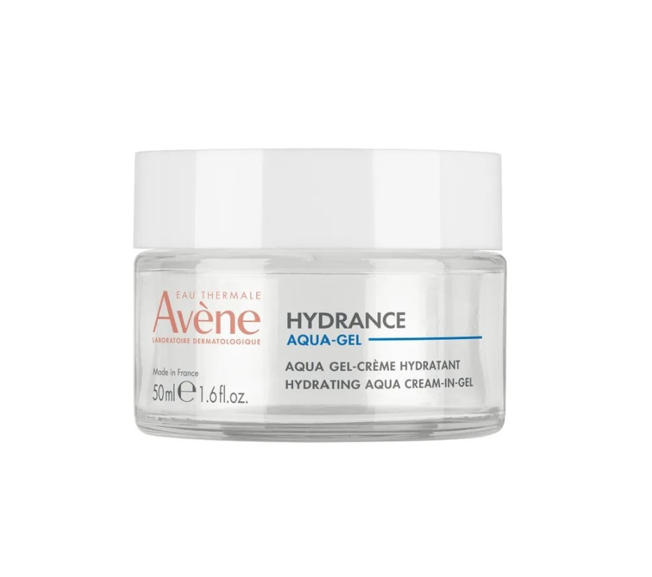 Avene Hydrance 高效保濕水漾乳霜 50ml [法國版本] A 50ml jar of Avene Hydrance Aqua-Gel hydrating cream-in-gel, featuring a white lid and a clear container showing the gel inside, set against a plain white background.