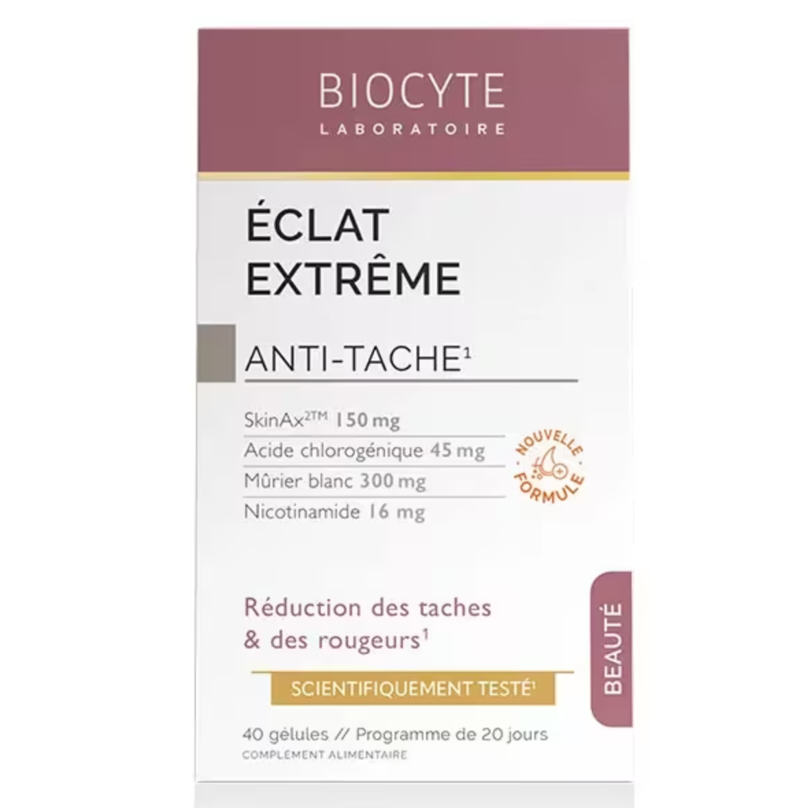 BIOCYTE PEARL 貝茜美白淡斑丸Biocyte laboratory supplement packaging for 'Éclat Extrème' with ingredients listed on a white background.