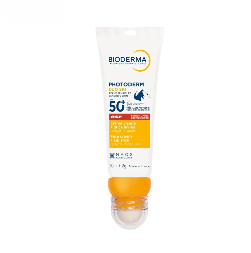 Bioderma Photoderm Duo Ski 全效防曬面霜及護唇膏 SPF50+Bioderma sunscreen packaging on a white background
