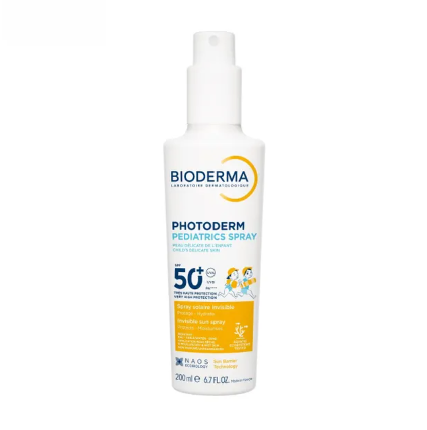 Bioderma Photoderm Pediatrics Spray SPF50+ 兒童防曬噴霧 200mlBioderma Photoderm Pediatrics Spray SPF 50+ in a white plastic pump bottle with blue and yellow text and graphics, shown on a plain white background.