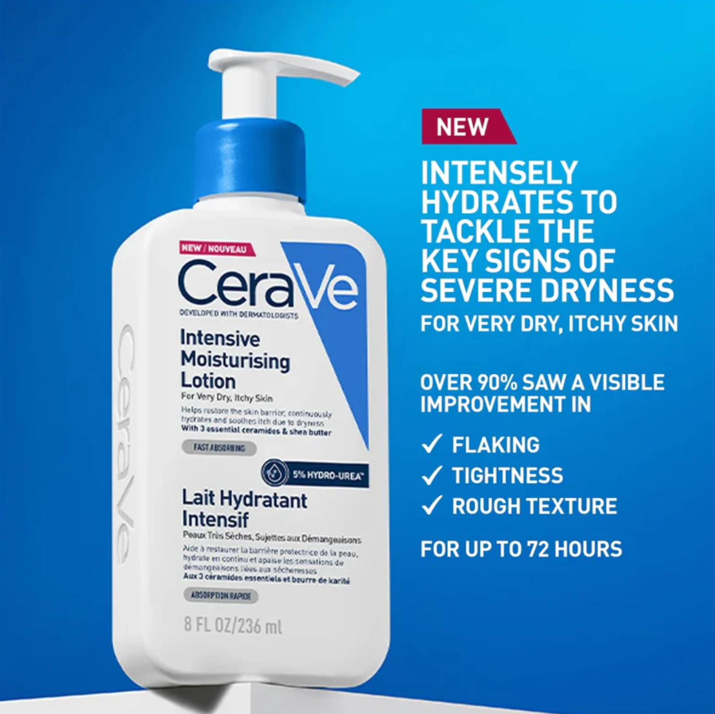 CeraVe Lait Hydratant intensive 強效保濕修復乳 236mlCeraVe Intensive Moisturizing Lotion bottle with promotional text on a blue background