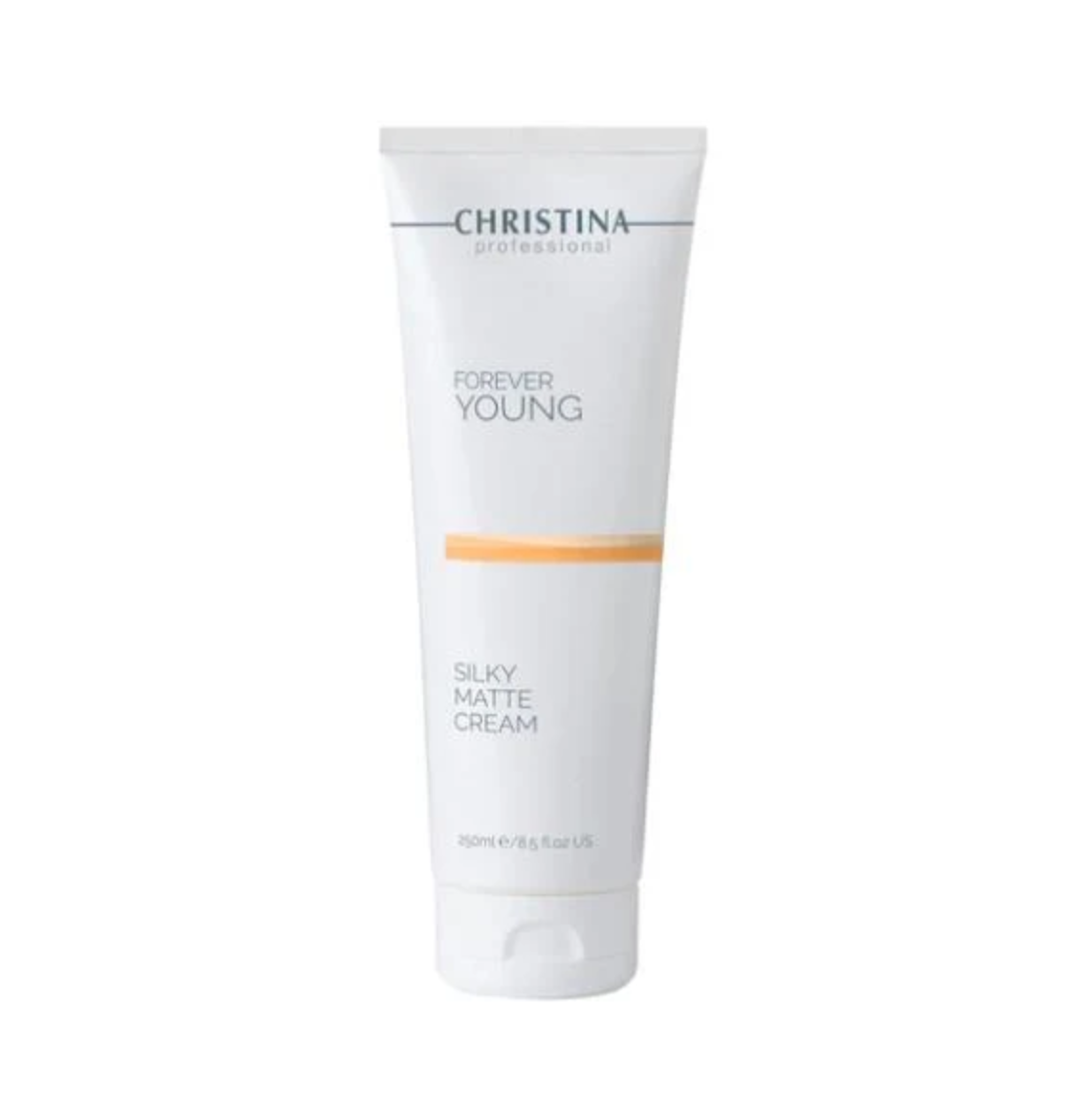 Tube of Christina Forever Young Silky Matte Cream on a white backgroundChristina Forever Young Silky 絲滑潤膚乳 (身體) 250ml