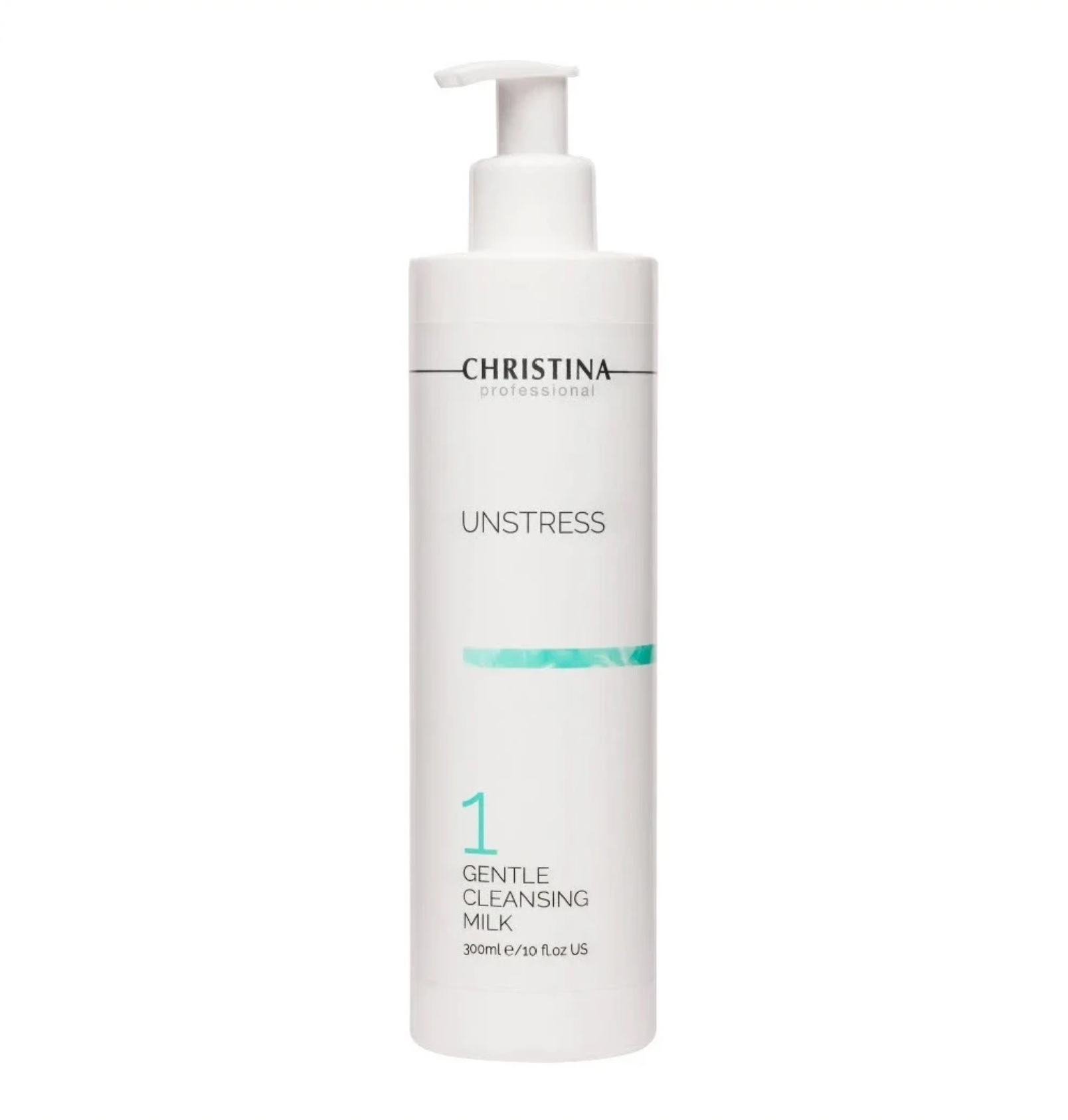 Christina Professional Unstress Gentle Cleansing Milk in a white pump bottle with black and teal text, on a solid white background.