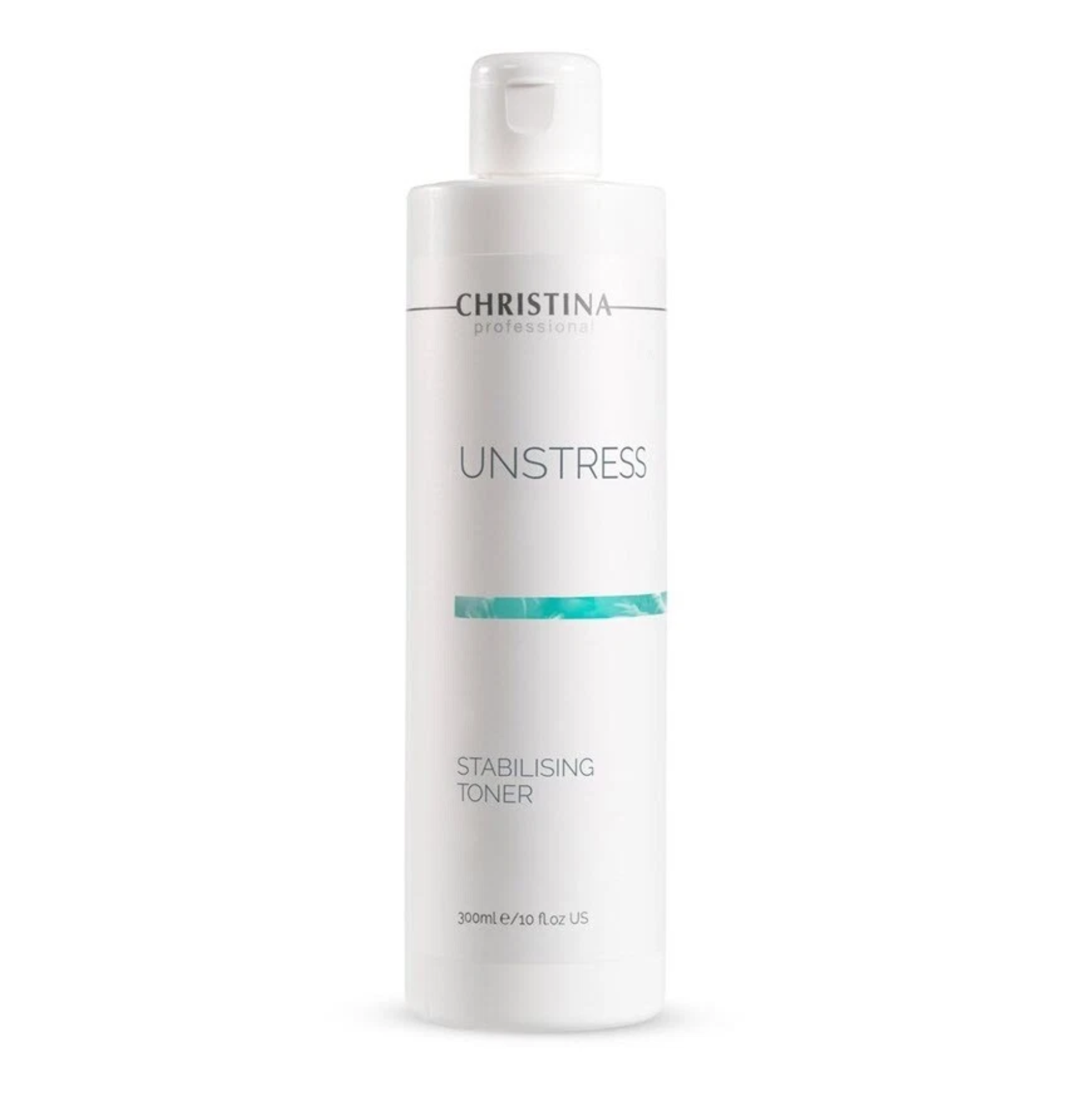 White bottle of Christina Unstress Stabilising Toner on a white background