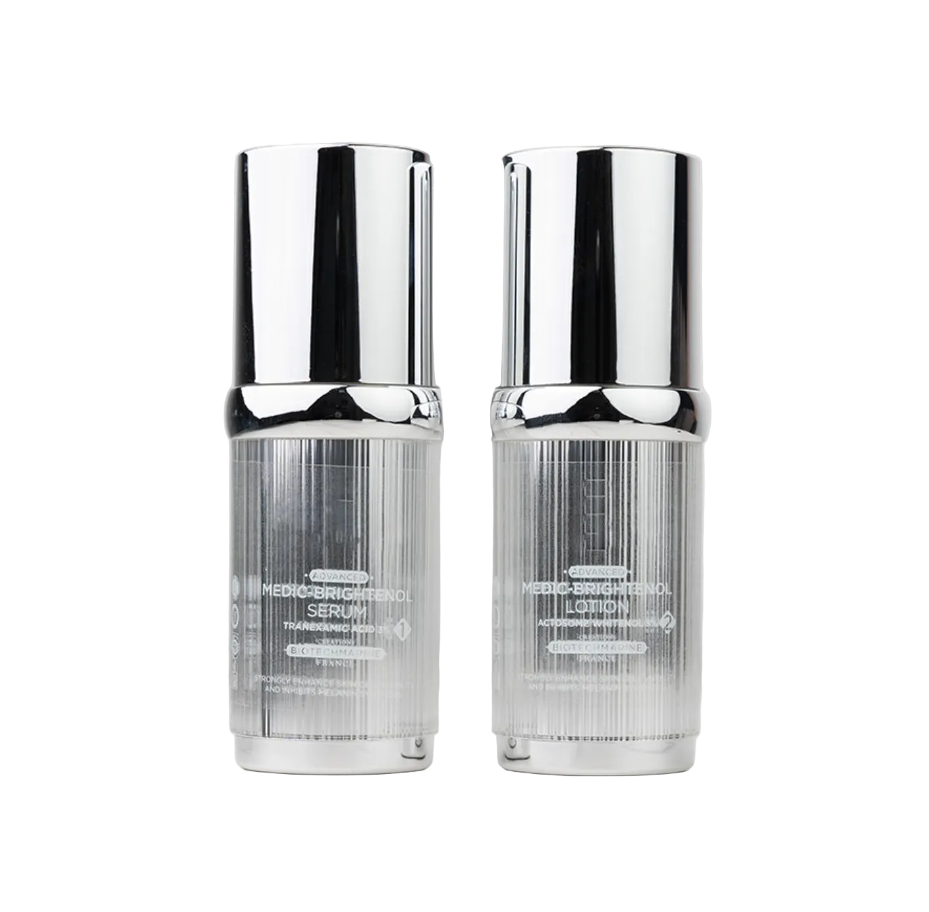 Cuthys BRIGHTÉNOL 醫美級亮白套裝Two silver skincare bottles on a light gray background