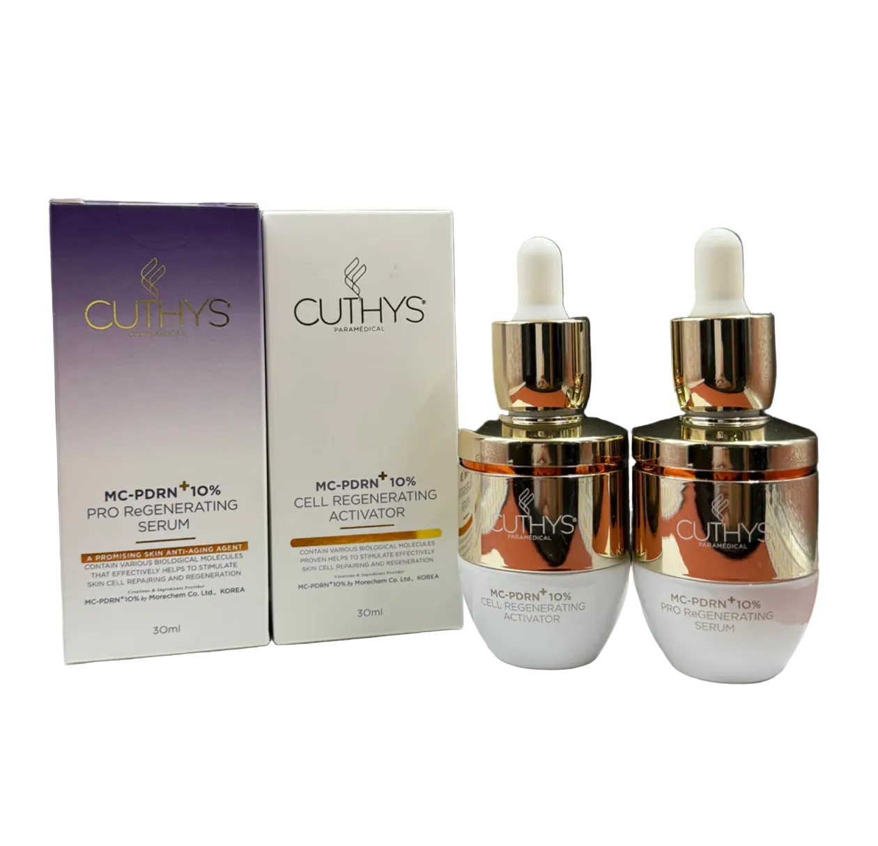 Cuthys skincare serum bottles and boxes on a dark background CUTHYS PDRN 套裝：MC-PDRN 10% 肌因再生療法 (1套2支)