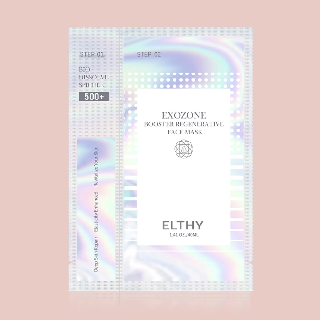 ELTHY Exozone 500+素顏水晶針 10片Elthy Exozone Booster Regenerative Face Mask packaging on a pink background