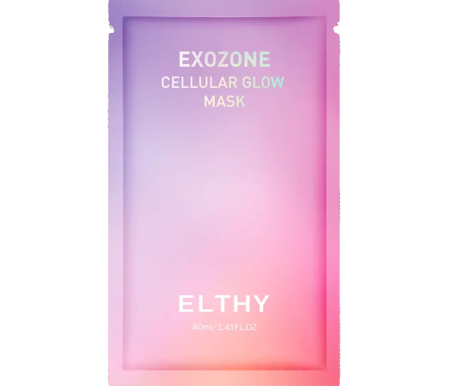 ELTHY 外泌體喚醒細胞玻璃水面膜Elthy Exozone Cellular Glow Mask packaging on a beige background