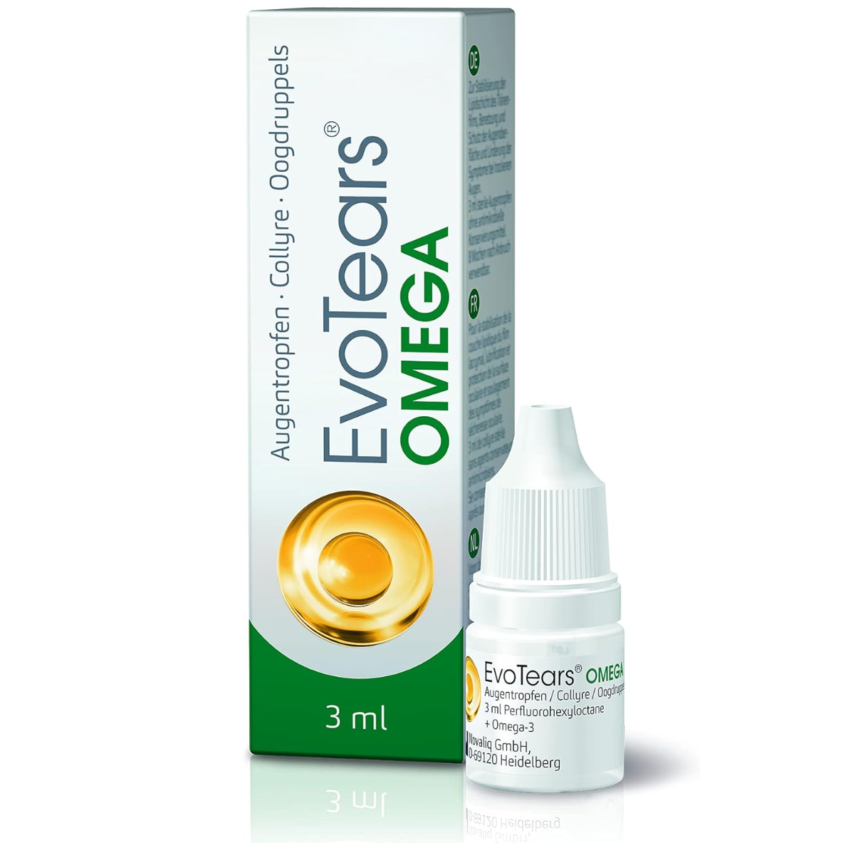 HYLO Evotears Omega 純脂質乾眼修復滴眼液 3mlEvoTears Omega eye drop bottle and packaging on a white background