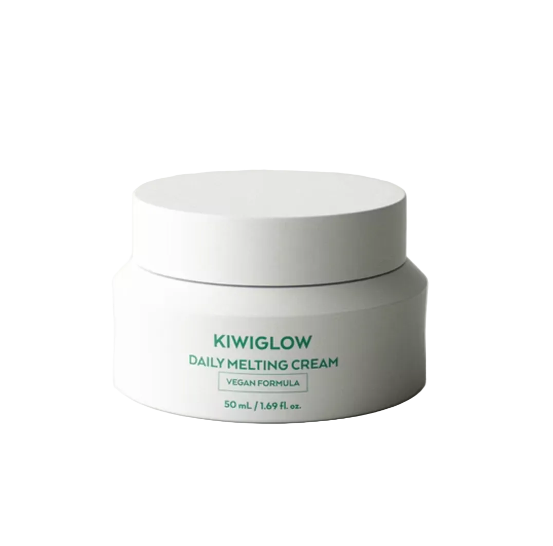 KIWIGLOW Daily Melting 融雪面霜 50mlA white cosmetic jar of KIWIGLOW Daily Melting Cream with green text, set against a clean, light gray studio background.