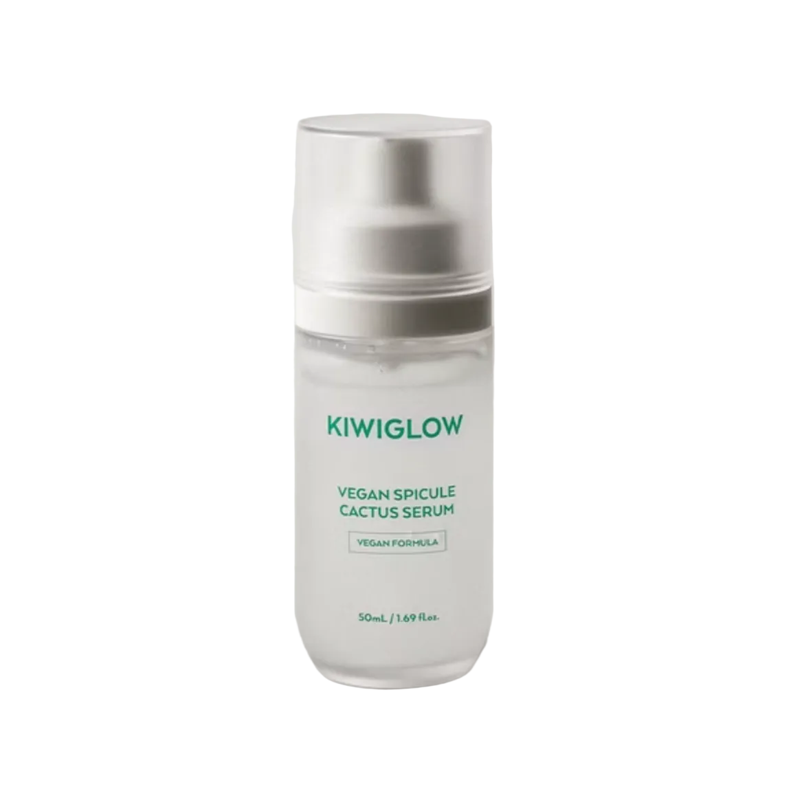 KIWIGLOW 仙人掌微晶精華 50mlKiwiglow Vegan Spicule Cactus Serum in a clear bottle with a white pump dispenser, shown on a light gray background.