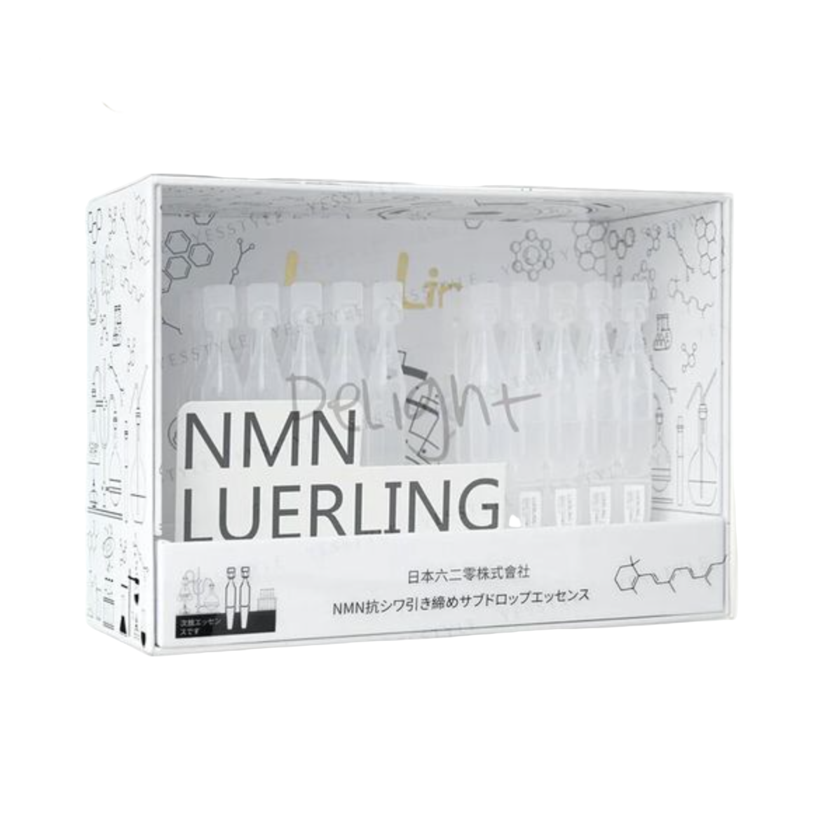 NMN Luerling product packaging with 'Delight' branding on a gradient backgroundLUERLING NMN 抗皺保濕次拋精華液1.5ml x 30支