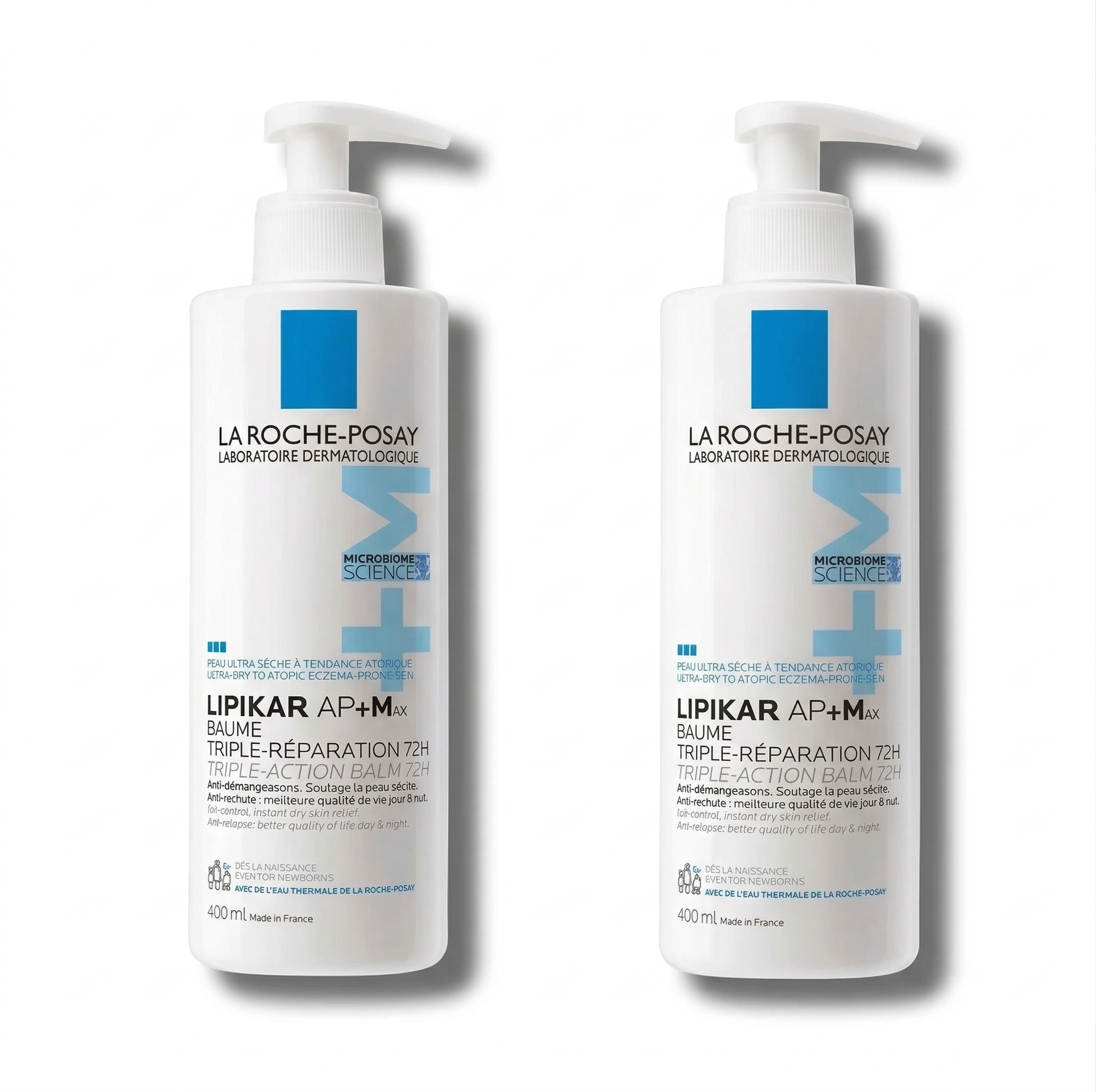 La Roche Posay Lipikar AP+ M 全效抗敏修護霜 (抗痕配方) 嬰兒、小孩及成人適用 400mlTwo bottles of La Roche-Posay Lipikar cream on a white background
