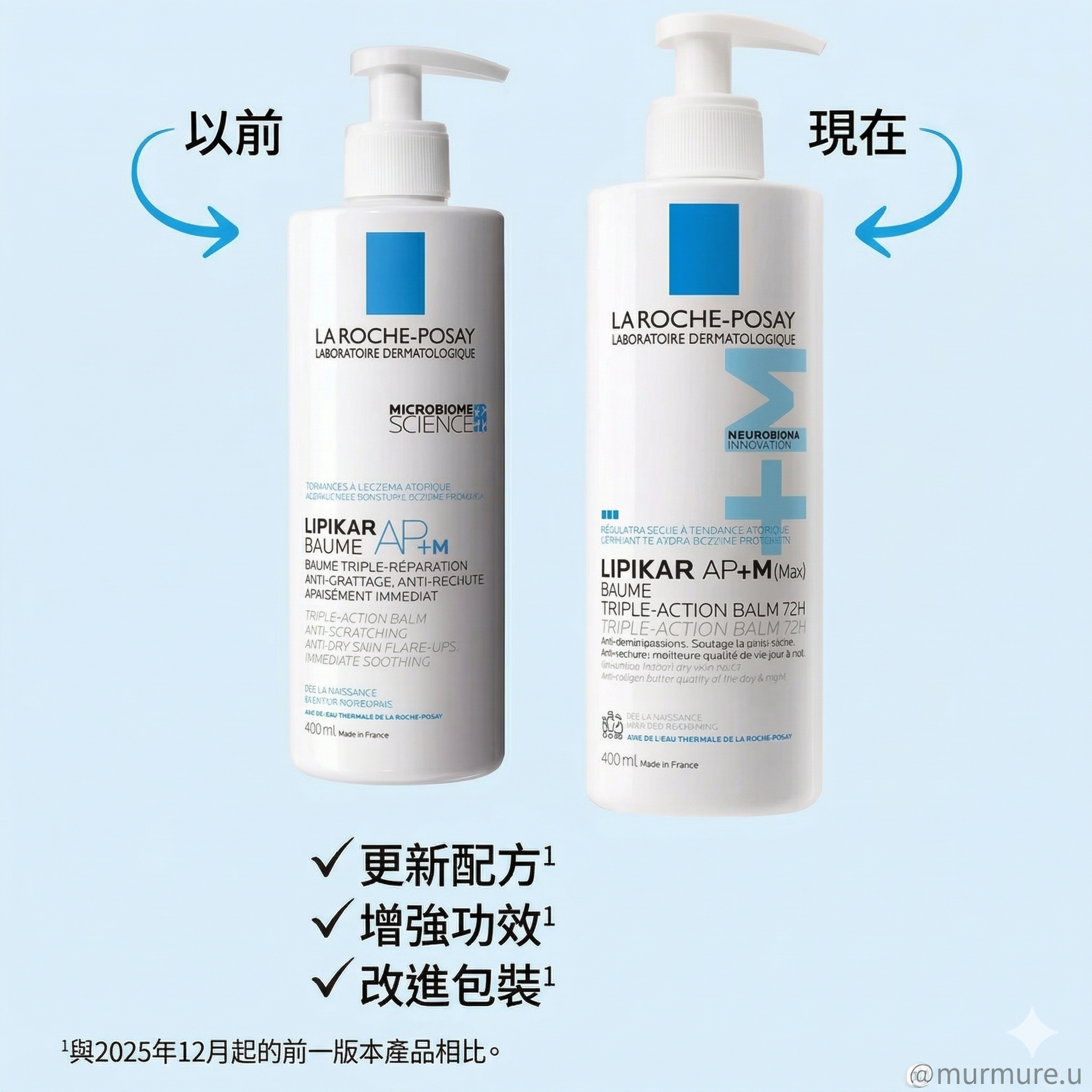La Roche Posay Lipikar AP+ M 全效抗敏修護霜 (抗痕配方) 嬰兒、小孩及成人適用 400mlTwo bottles of La Roche-Posay Lipikar cream with text indicating a comparison between 'before' and 'now'.