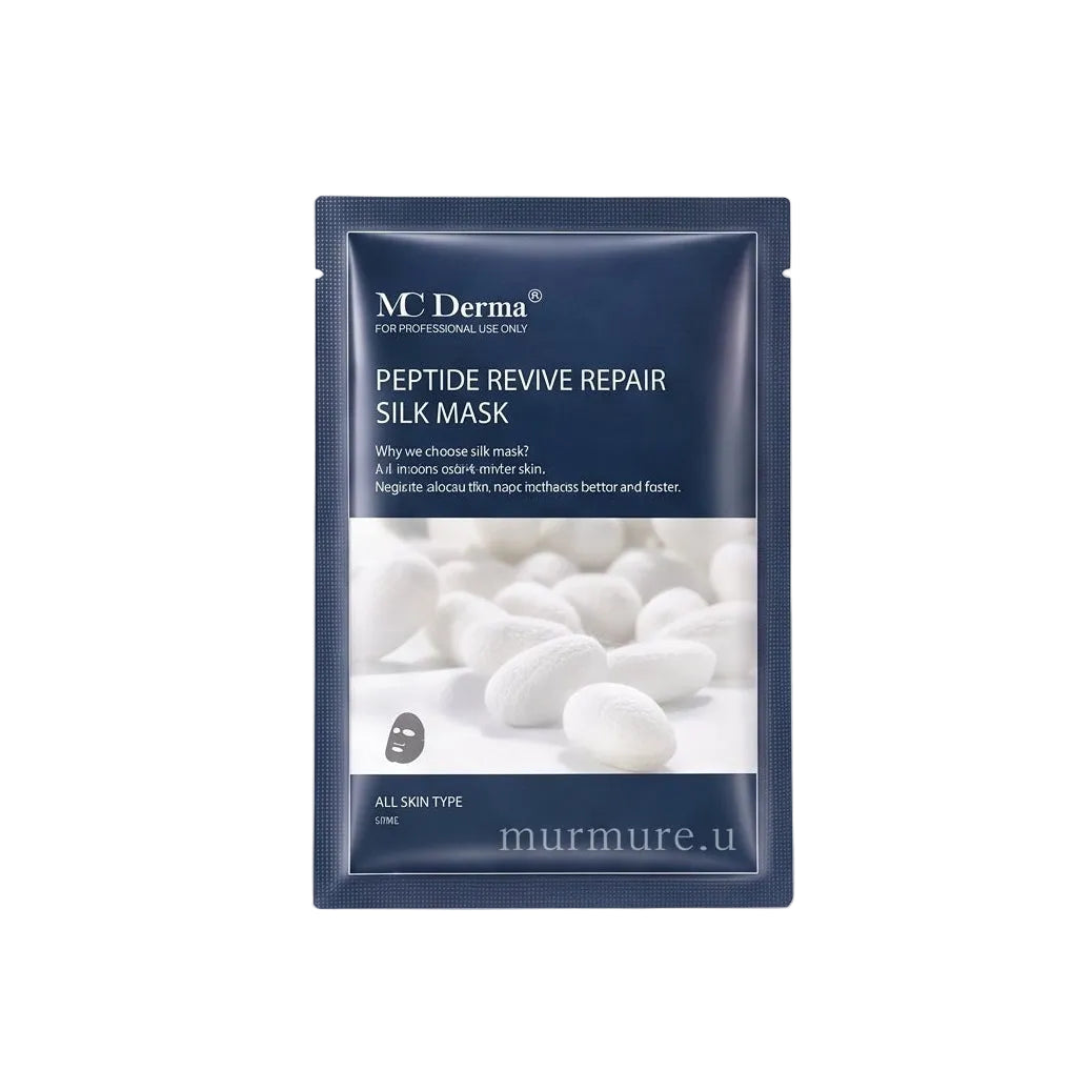 A single stand-up pouch of M-C Dermes Peptide Revive Repair Self Mask, featuring a dark navy blue design with white text and a photo of white stones on the front, set against a seamless white background.