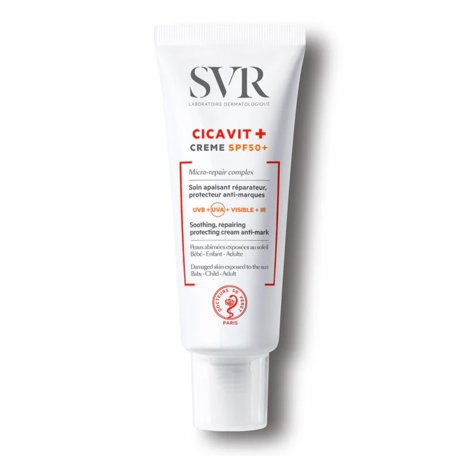 SVR Cicavit+ SPF50+ 高效防護修復霜 40ml Tube of SVR Cicavit+ Crème SPF50+ on a white background