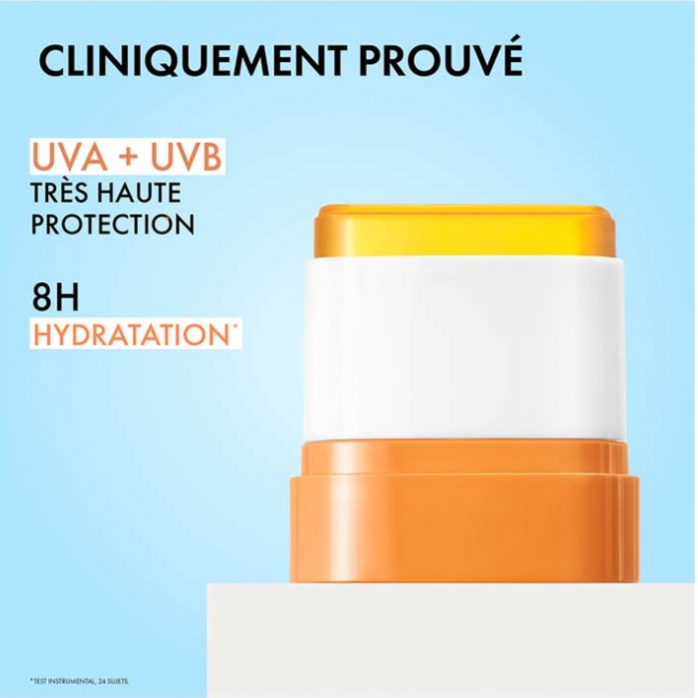 Vichy Soleil UV SPF50+ 水份隱形防曬棒Sunscreen stick with UVA + UVB protection and hydration claims on a blue background