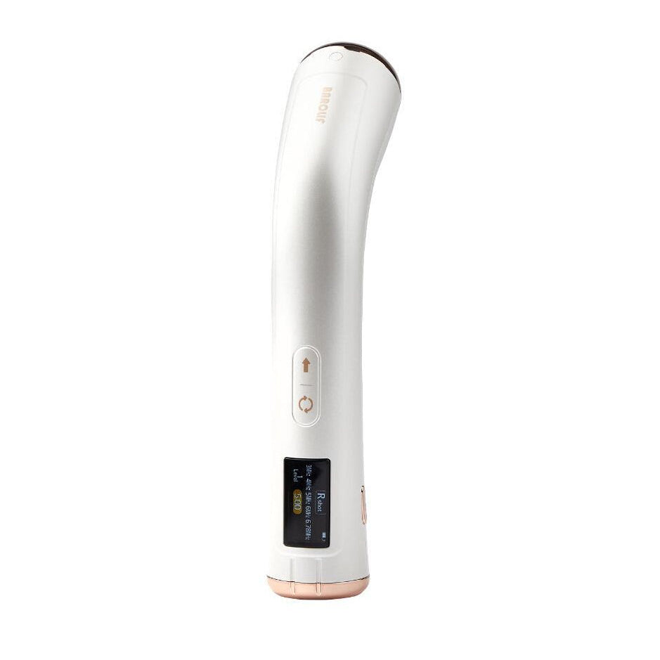 A white handheld beauty device with a curved ergonomic design, featuring a small digital display and rose gold accents near the base, shown on a solid white background.