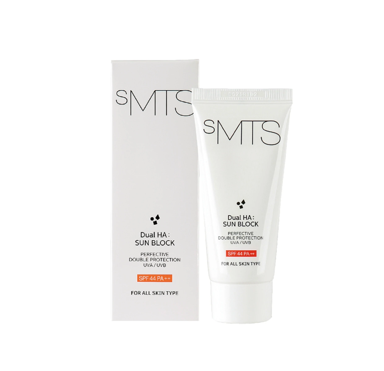 sMTS  極緻透明質酸防曬霜 SPF44 60gTwo SMITS Dual HA Sun Block products on a white background